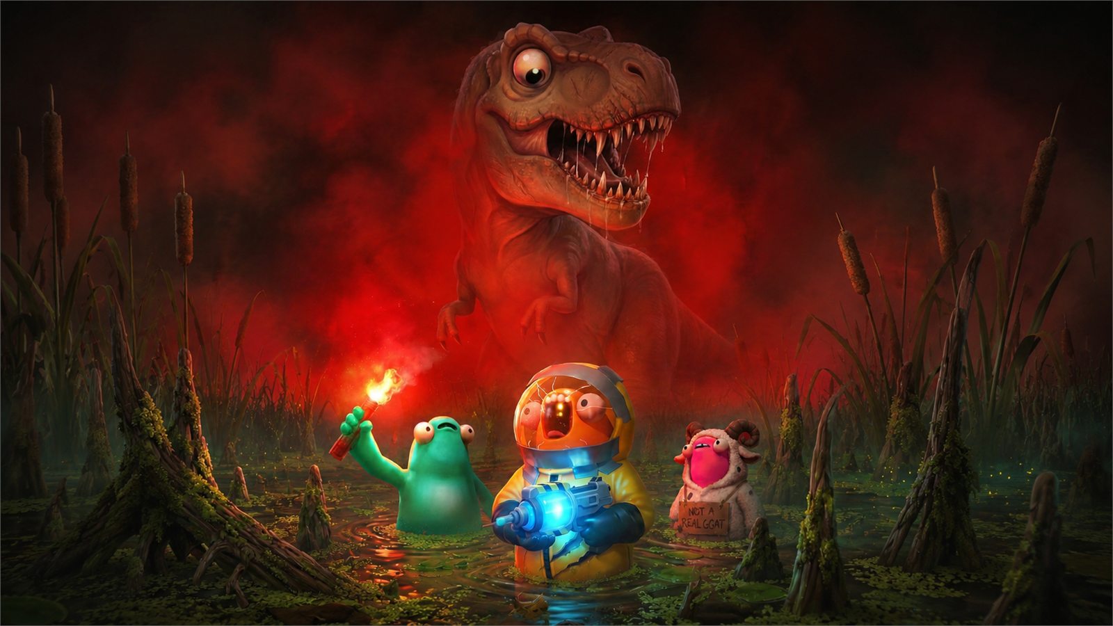 Life Origins key art, three little survivors huddle in a swamp while a giant googly-eyed T-Rex looms in red fog
