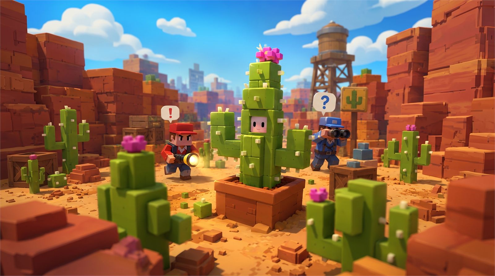 Peekablock key art, a hider disguised as a cactus in a voxel desert while seekers search