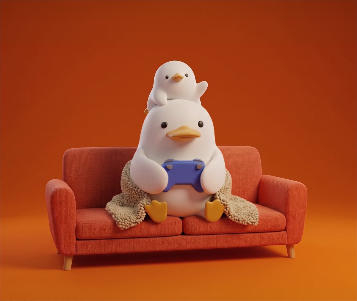 The Goose Gang mascots on a red couch, the big goose holding a controller with the gosling on its head