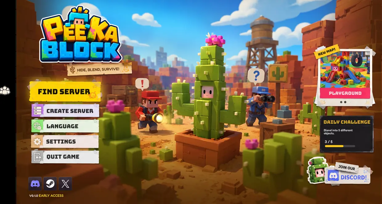 Peekablock main menu with the new Playground map and daily challenge