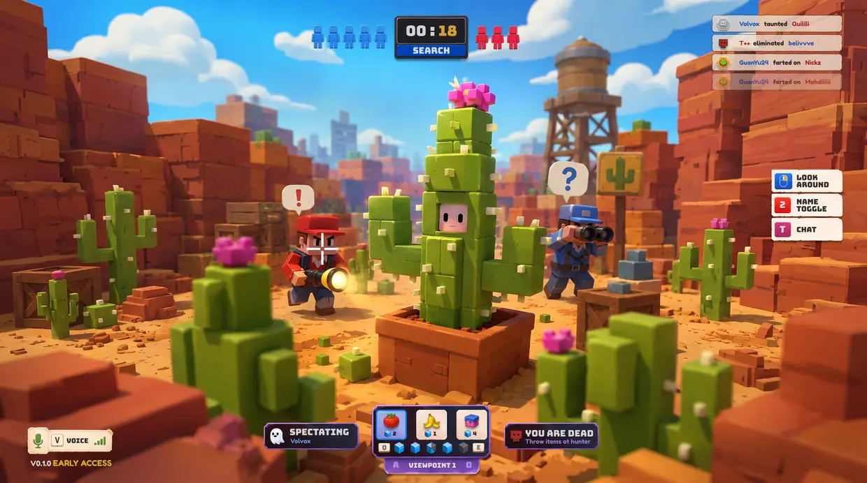 Spectator view with throwable tomato, banana and cake items while watching a hidden cactus player
