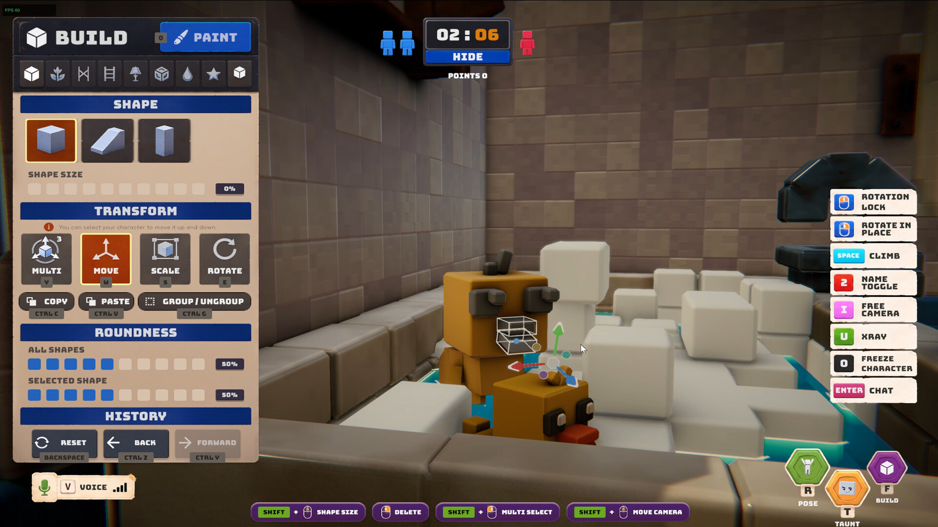A Hider uses the build panel to shape a duck disguise in a bathtub