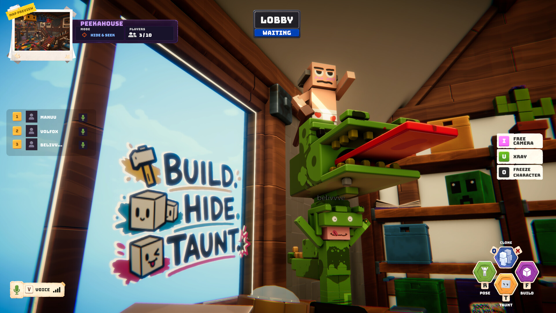 Three players pose in the Peekahouse lobby beside a map preview